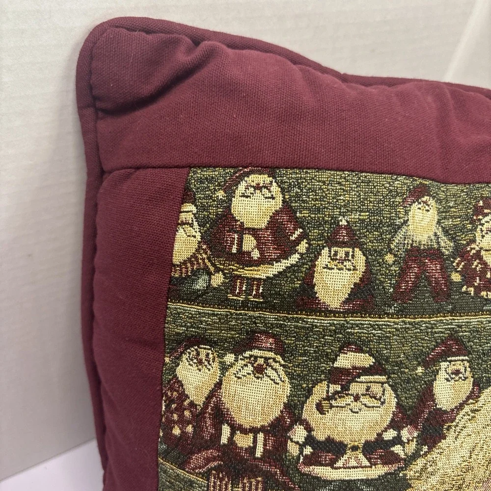Vtg Holiday Tapestry Throw Pillow Christmas Decorations Santa Dolls Workshop 16